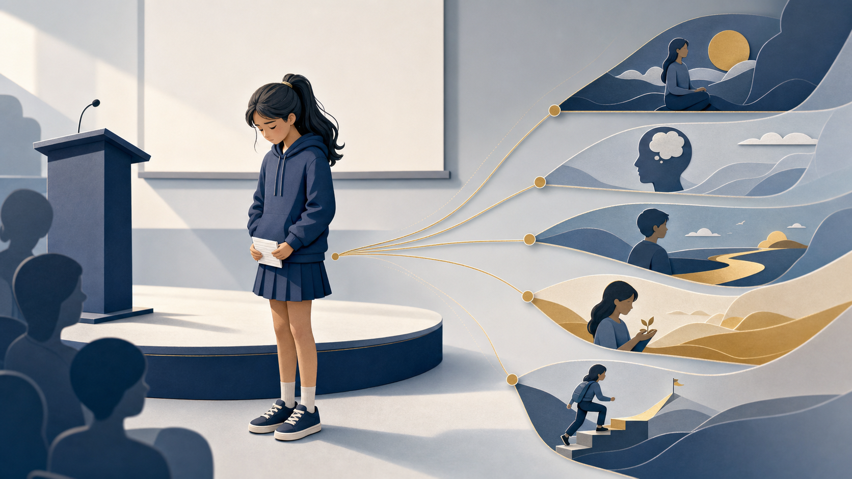 A student after a difficult classroom presentation with five interpretive paths branching from the same event